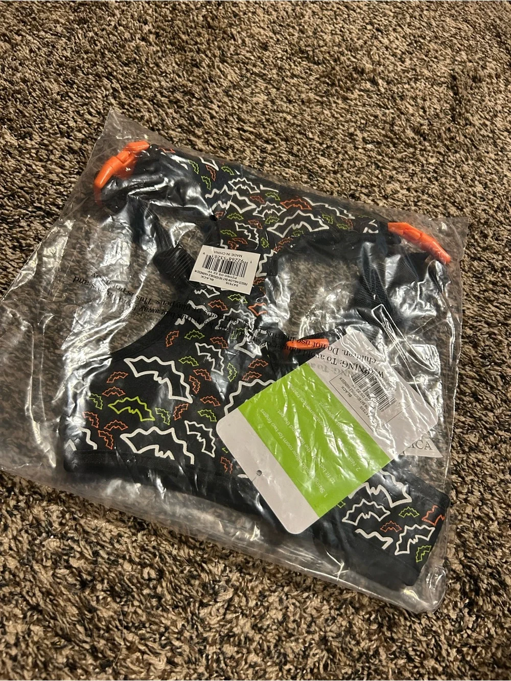 wonder nation Black Dog Harness with Orange and Lime Bat Pattern